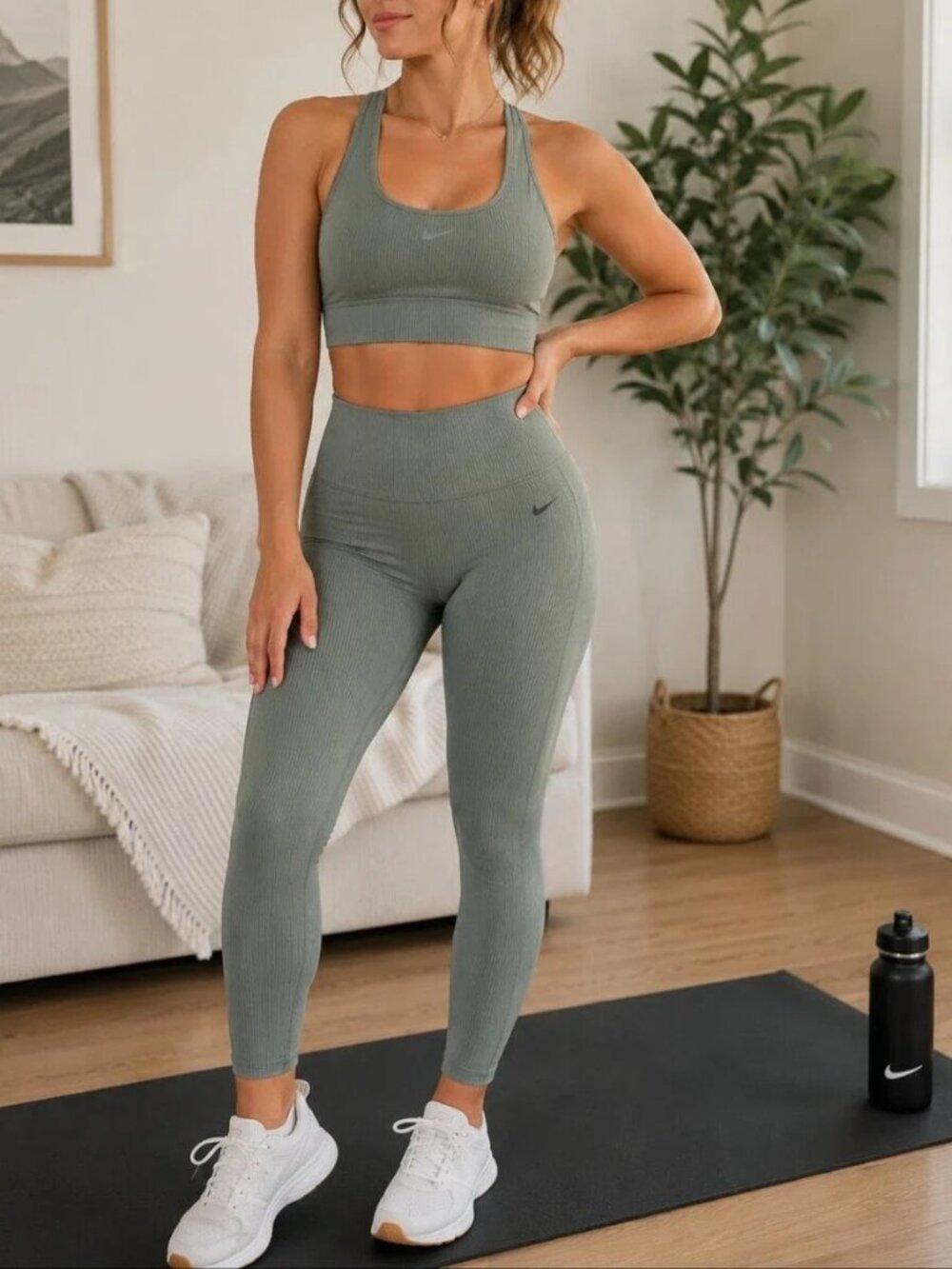 Nike Women's NWT XL Zenvy High Rise Ribbed 7/8 Leggings Gentle Support Sage FALL